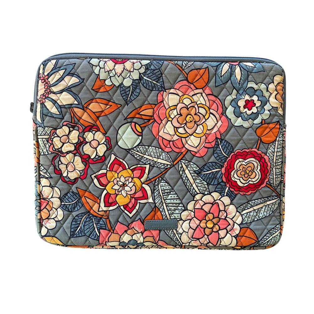 Vera Bradley Laptop Case Vibrant Floral Pink Coral Red on Gray 14" x1 0 3/4"
